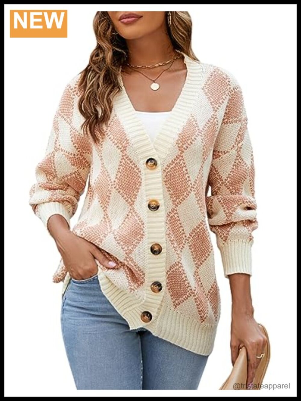 Women's Chunky Knit Argyle Plaid Button Down Cardigan Long Sleeve V-Neck Preppy
